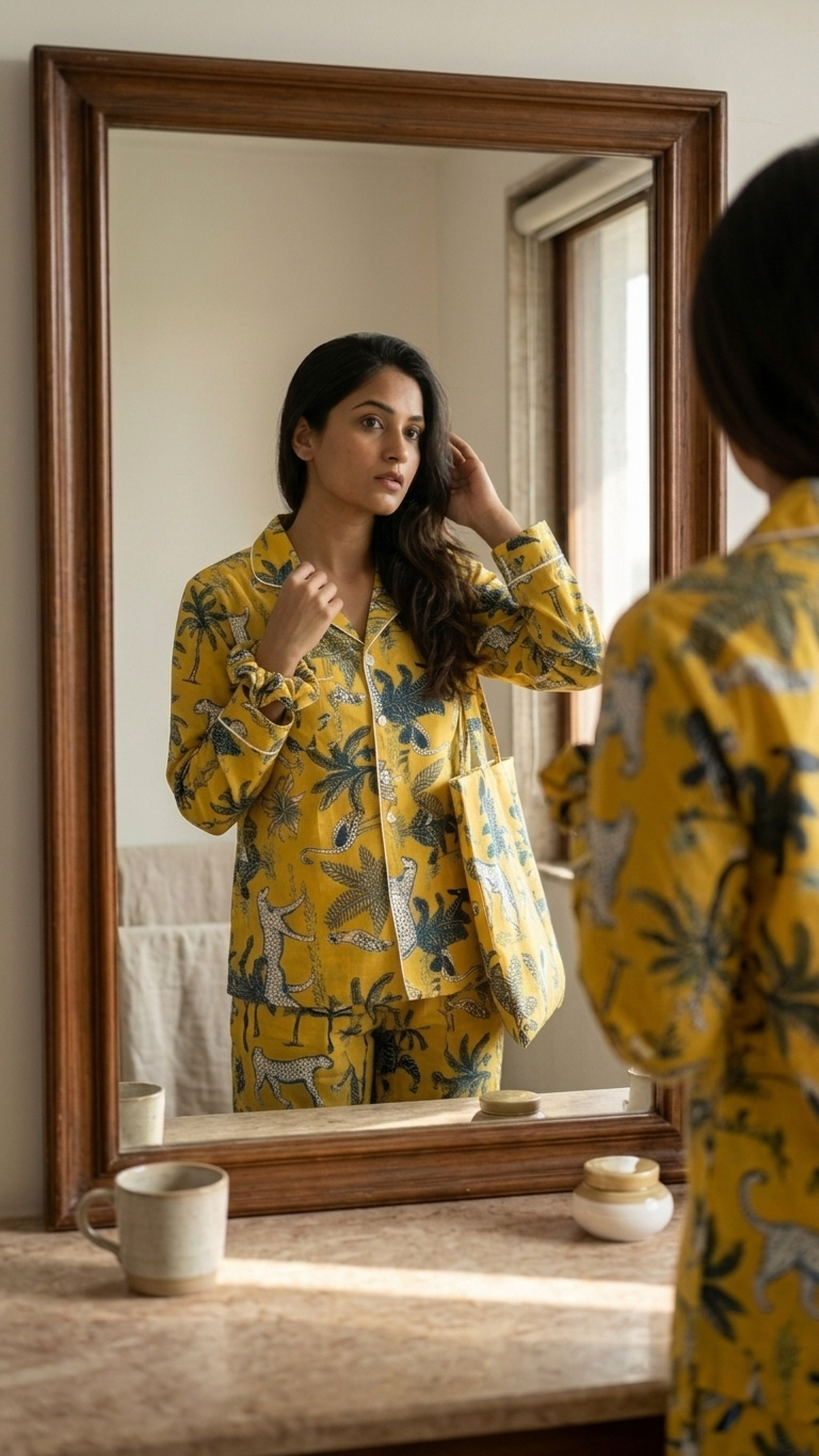 Yellow Jungle Print Women's Cotton Night Suit