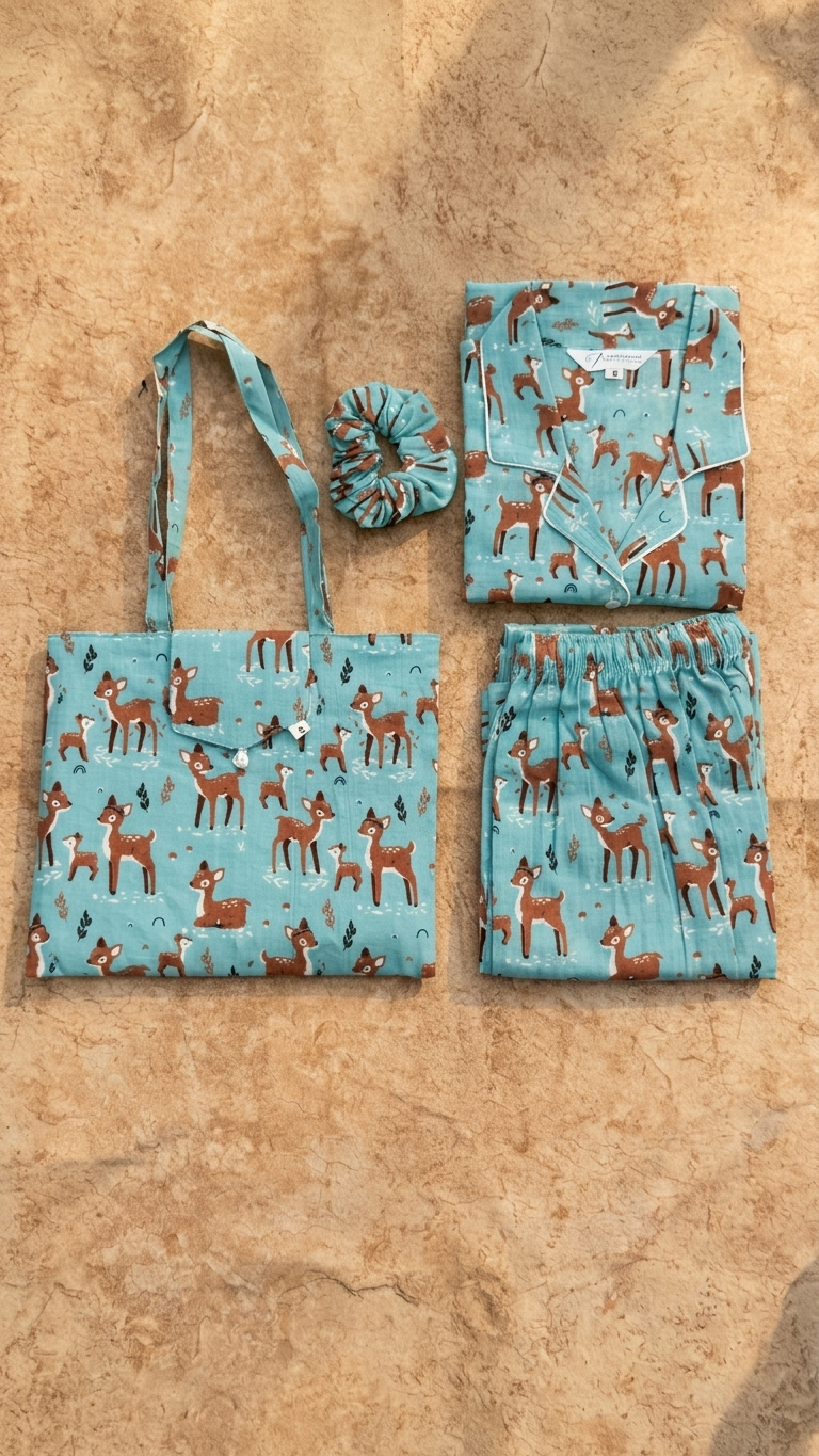 Sky Blue Deer Print Women's Cotton Night Suit