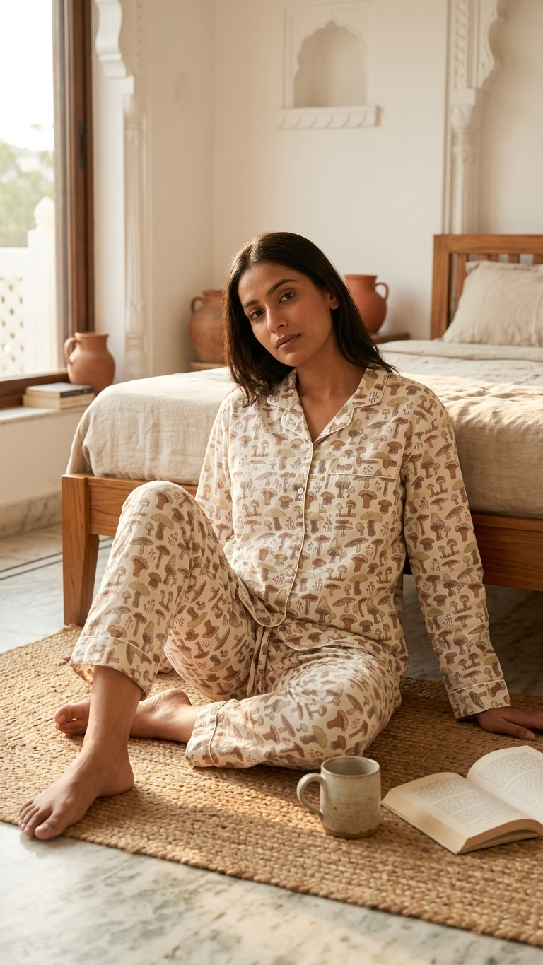 White Mushroom Women's Cotton Night Suit