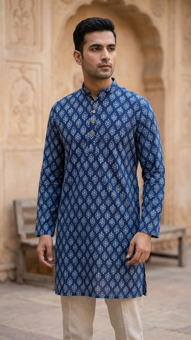 Indigo Blue Leaf Printed Men's Long Cotton Kurta