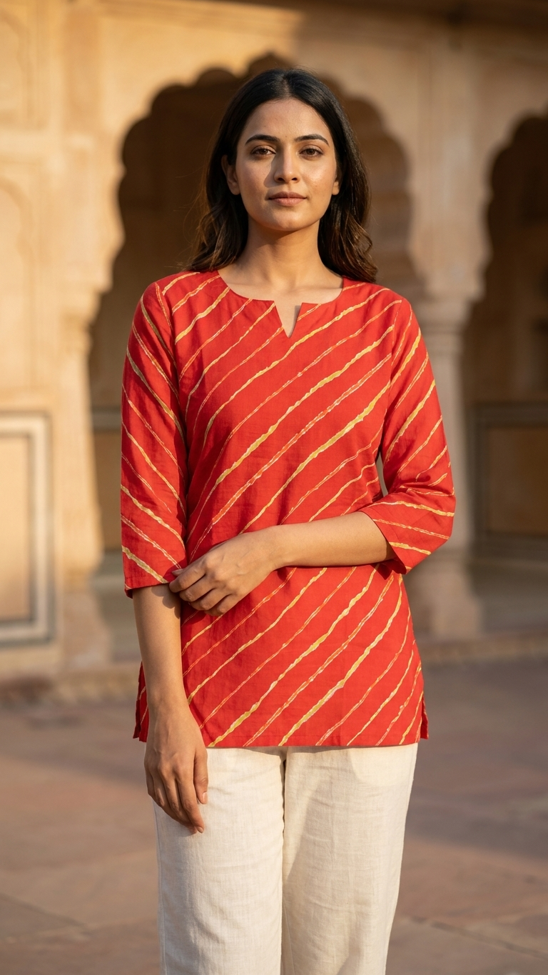 Red Leheriya Printed Women's Cotton Short Kurti Top