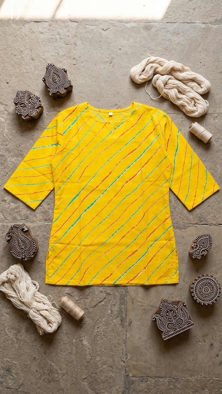 Yellow Leheriya Printed Women's Cotton Short Kurti Top