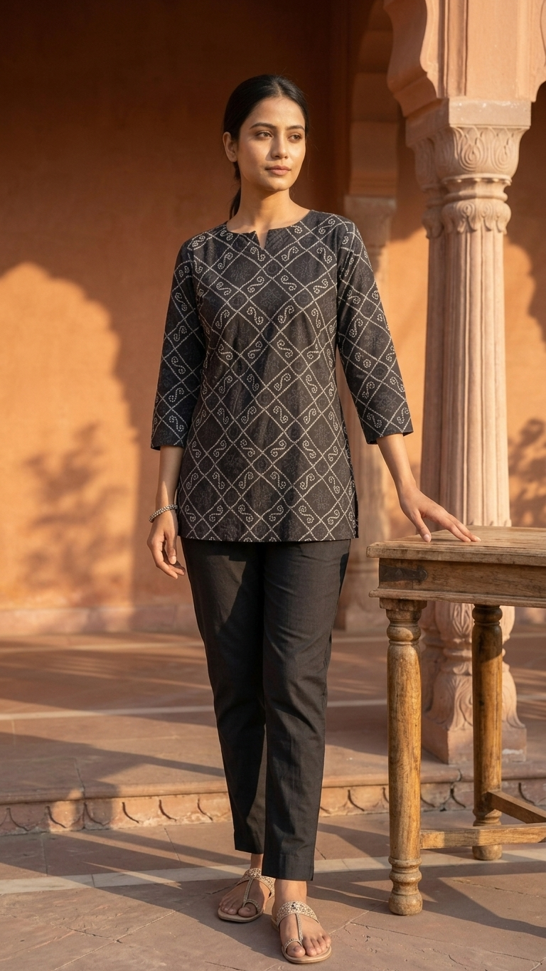 Black Bandhani Diamond Print Women's Cotton Short Kurti Top