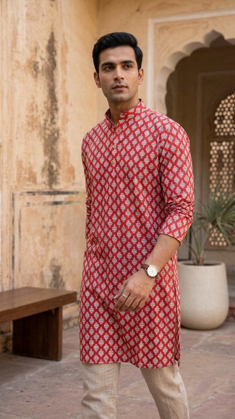 Red White Floral Printed Men's Full Sleeves Cotton Long Kurta