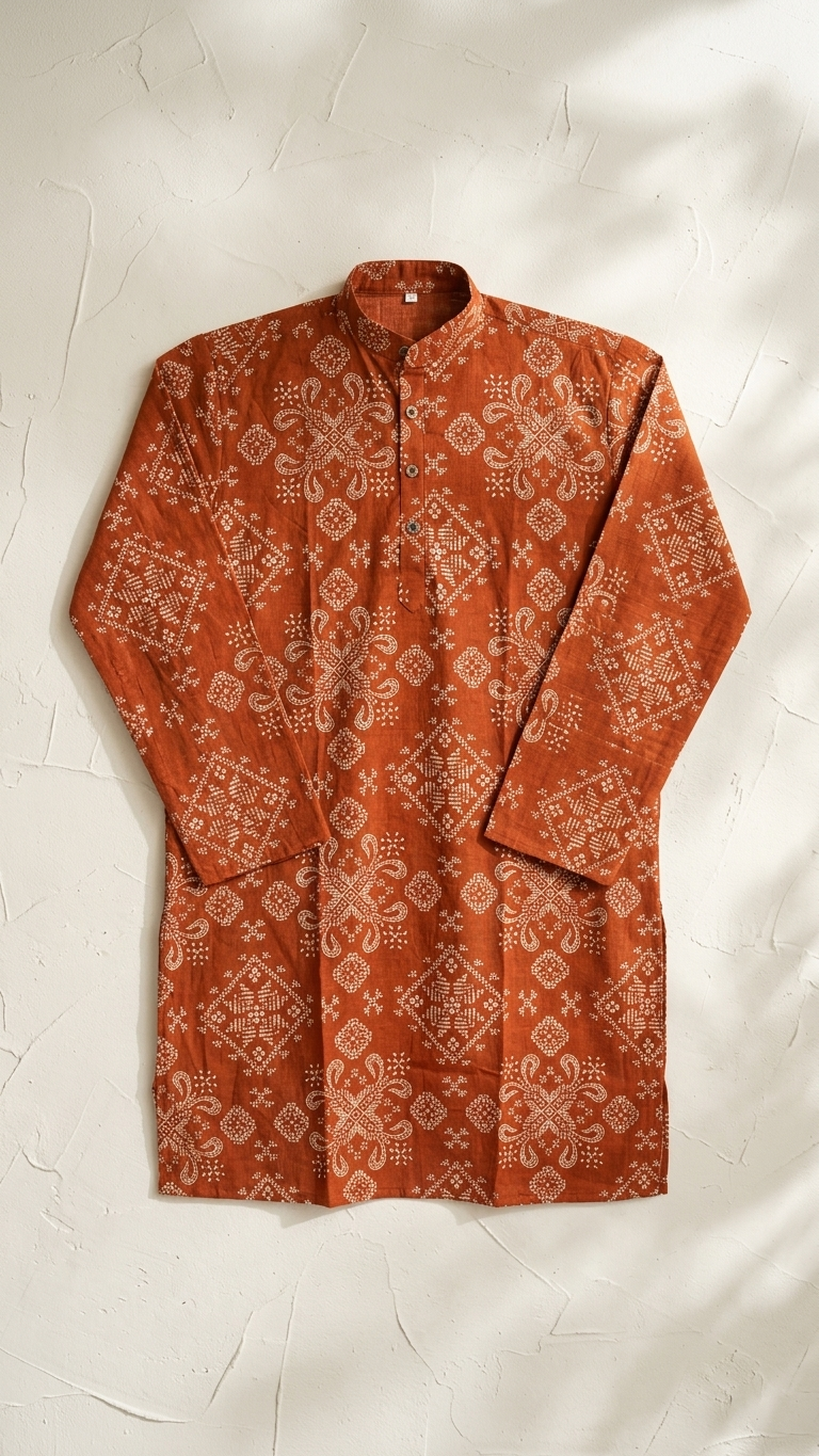 Rust Orange Geometric Printed Men's Full Sleeves Cotton Long Kurta