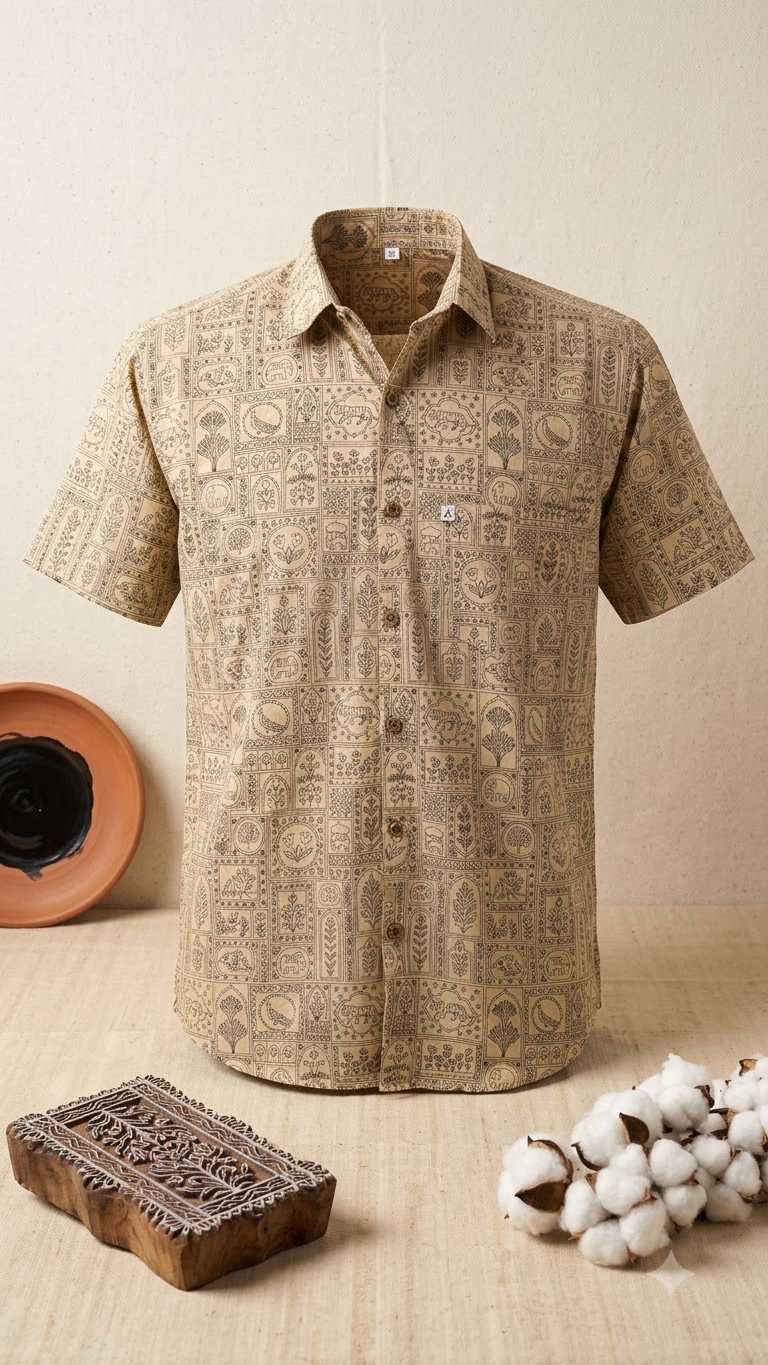 Beige Figure Heritage Printed Mens Half Sleeves Shirt