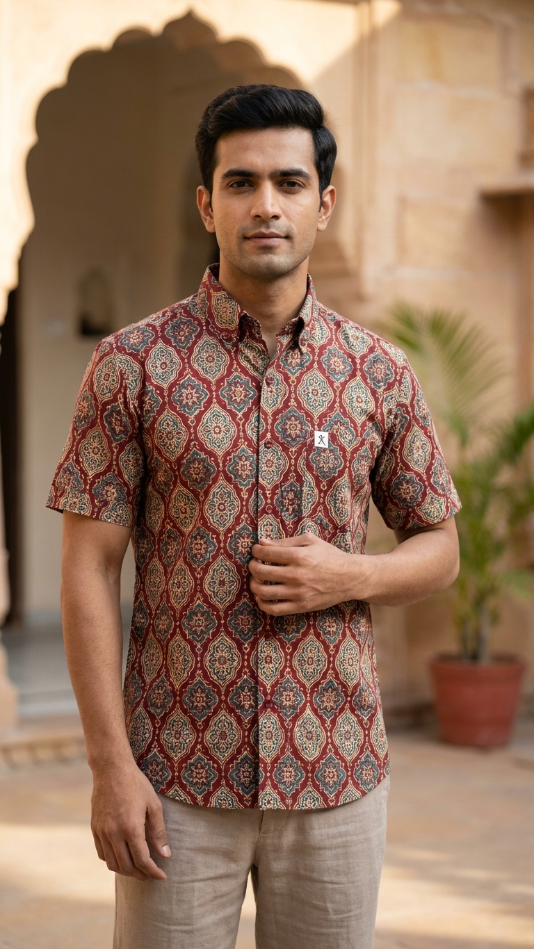Red Ajrak Medallion Printed Men's Half Sleeves Cotton Shirt