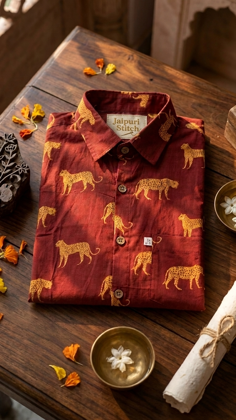 Brick Red Cheetah Print Mens Half Sleeves Cotton Shirt