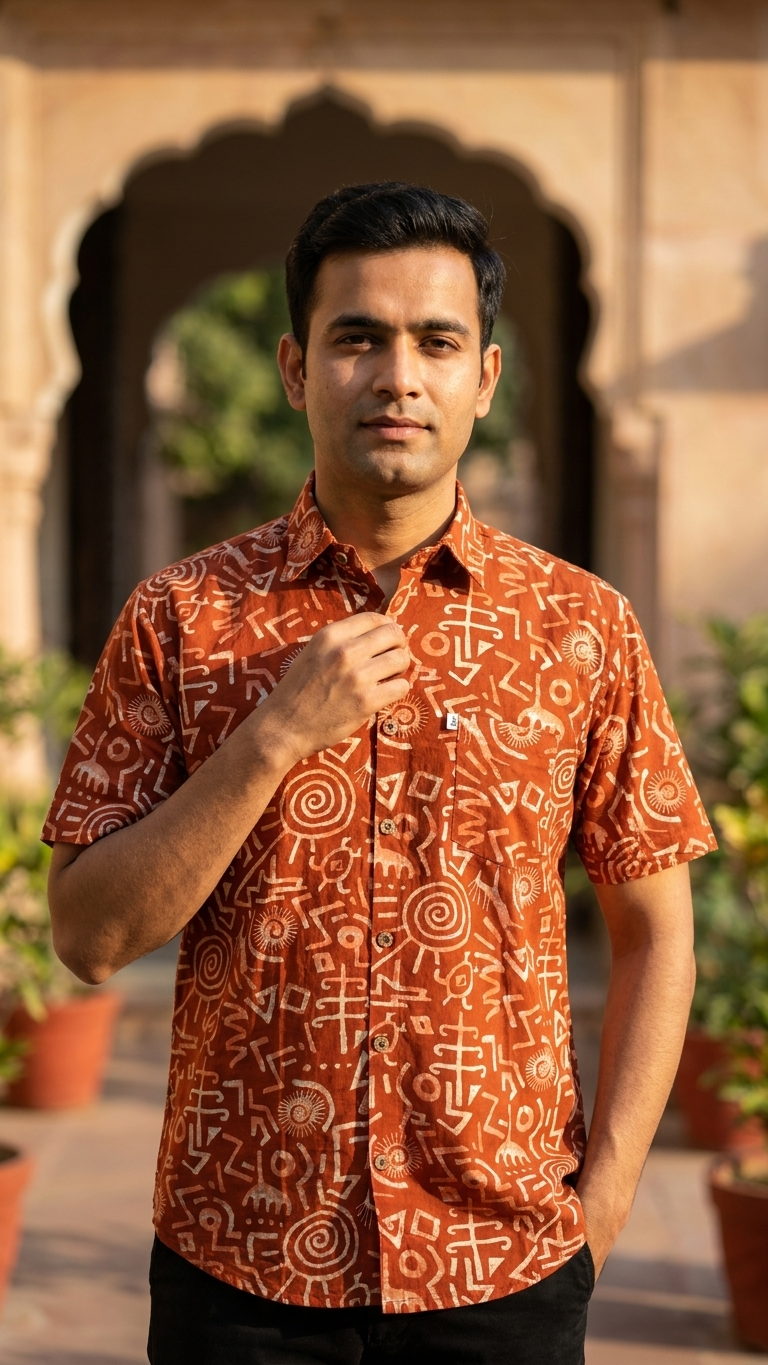 Rust Tribal Symbol Printed Men's Half Sleeves Cotton Shirt