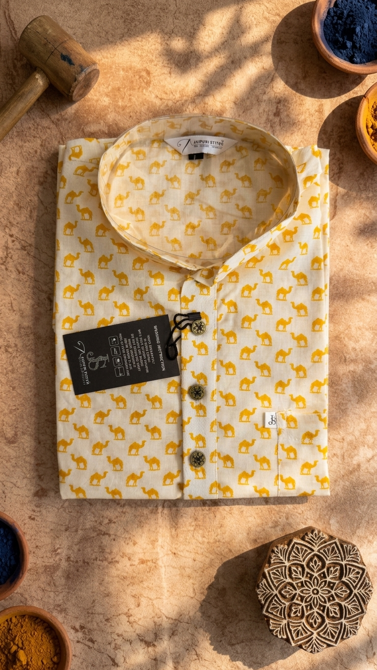Full Sleeves Short Kurta for Men White Yellow Small Camel