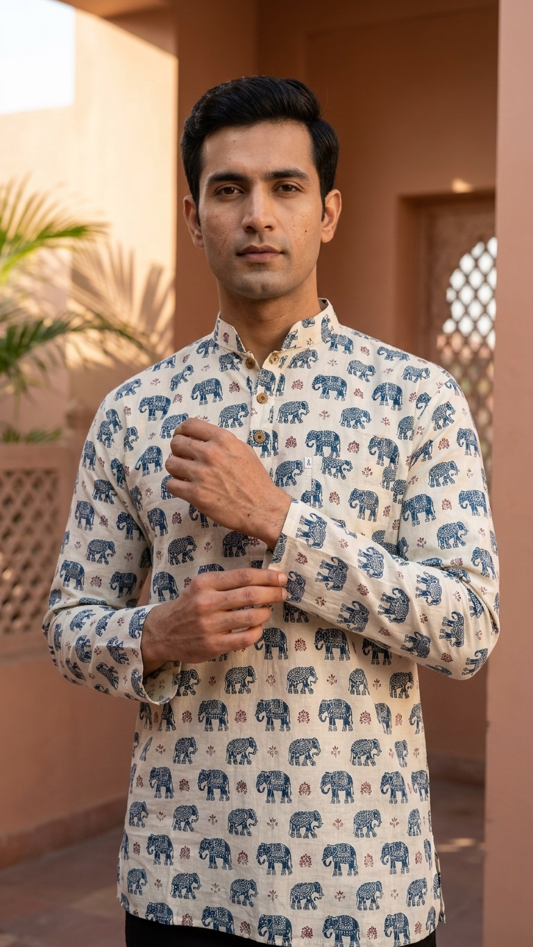 Ivory Blue Elephant Printed Full Sleeves Short Kurta for Men