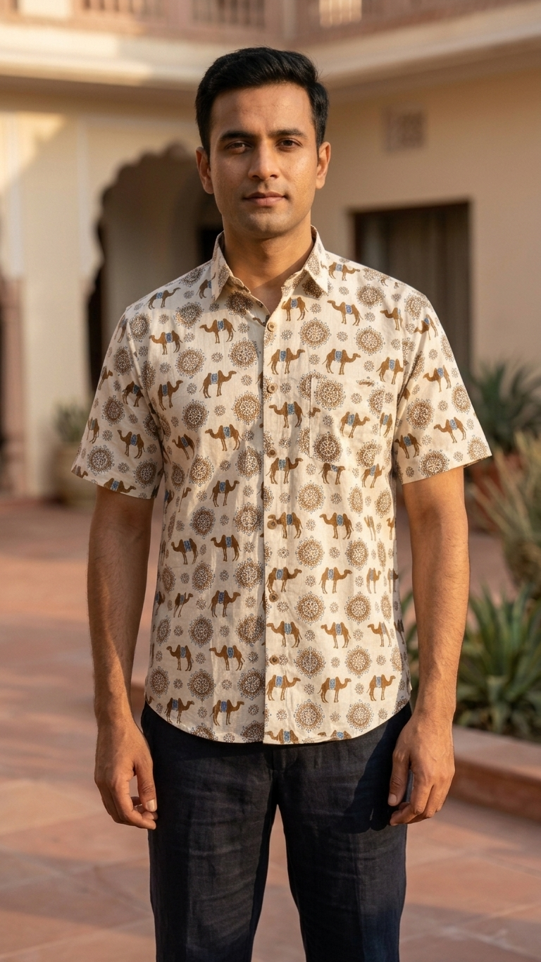 Ivory Brown Floral Camel Printed Men's Half Sleeves Cotton Shirt