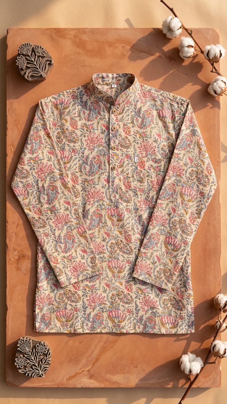White Kalamkari Printed Full Sleeves Short Kurta for Men
