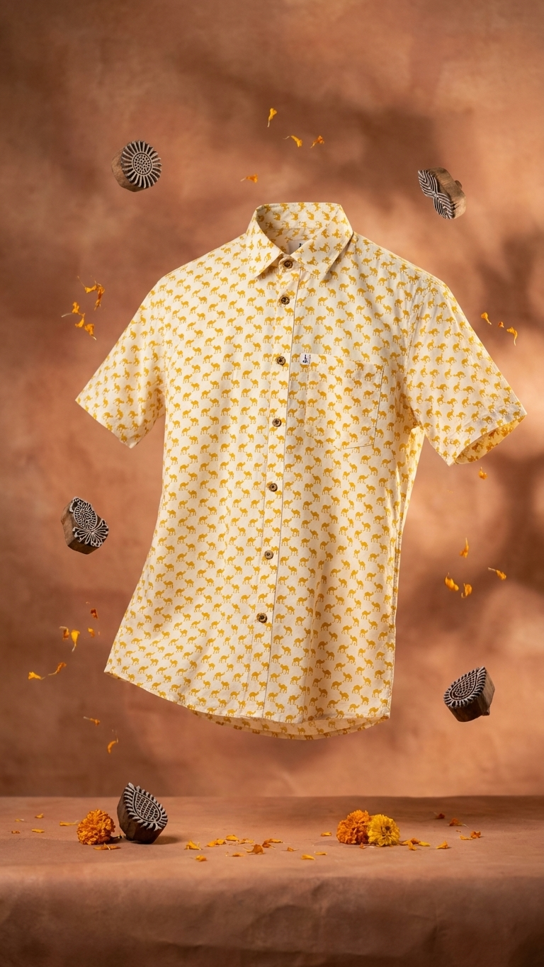 White Yellow Small Camel Printed Men's Half Sleeves Cotton Shirt