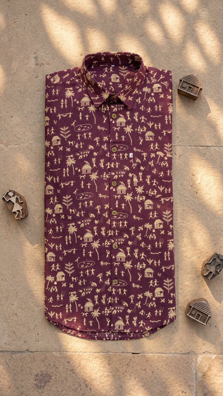 Full Sleeves Wine Purple Warli Art Printed Cotton Shirt for Men