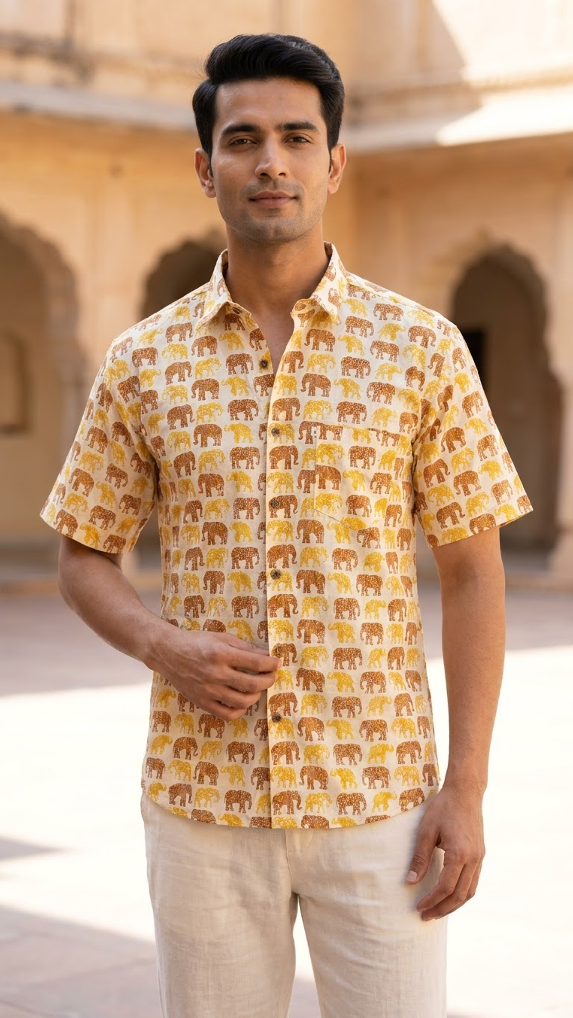 Plus Size Light Dark Yellow Elephant Printed Mens Half Sleeves Shirt
