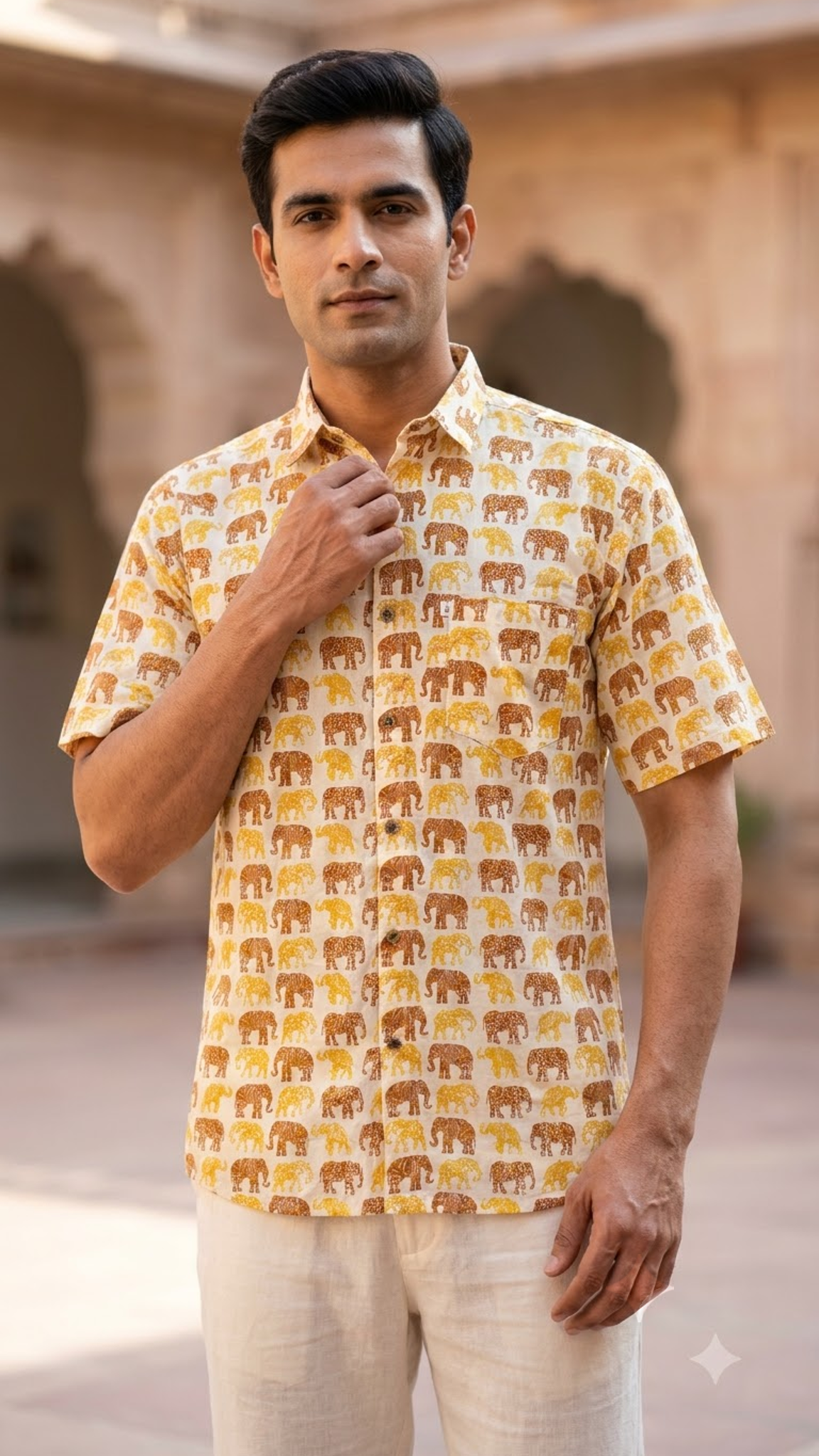 Plus Size Light Dark Yellow Elephant Printed Mens Half Sleeves Shirt