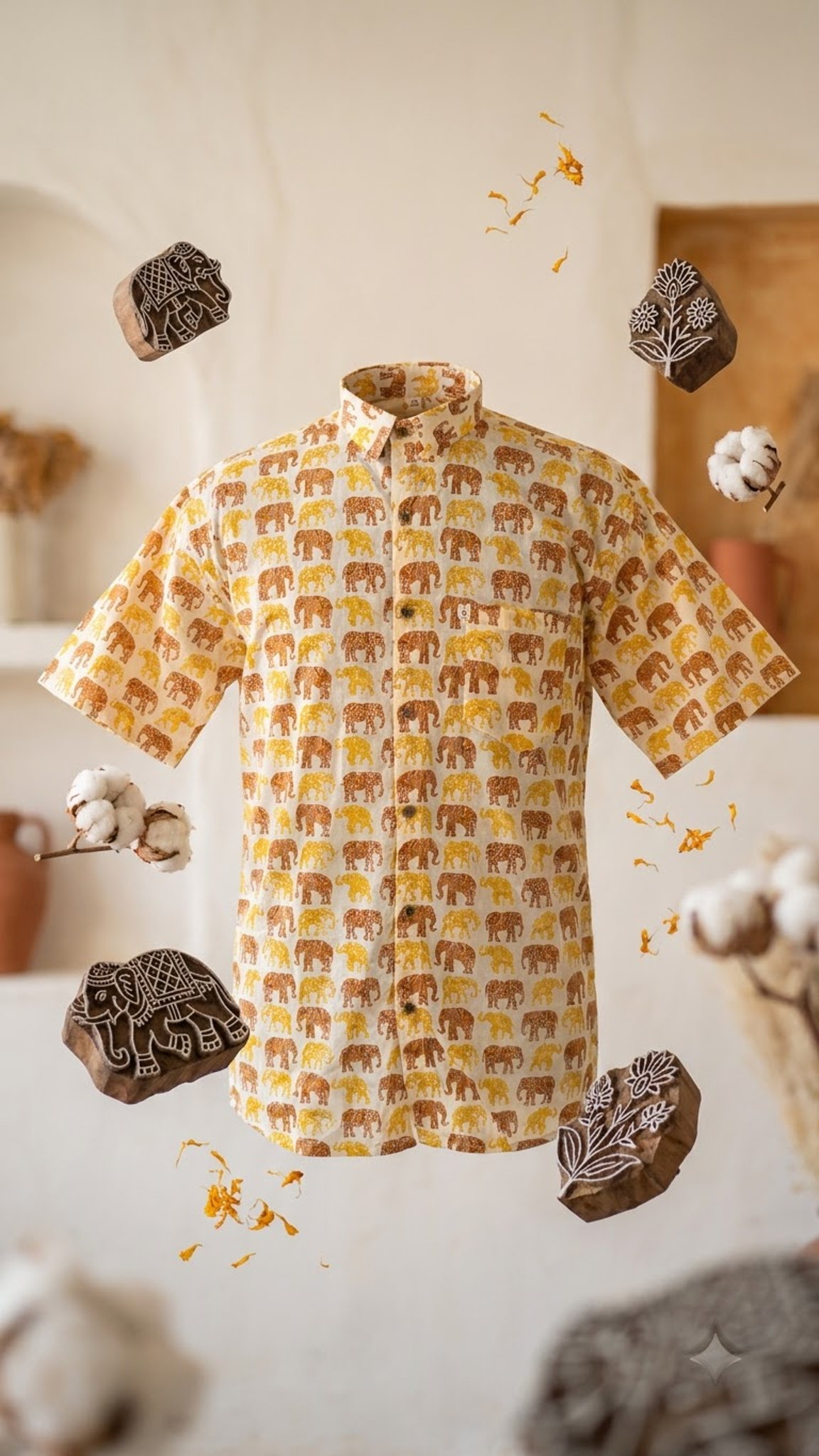 Plus Size Light Dark Yellow Elephant Printed Mens Half Sleeves Shirt