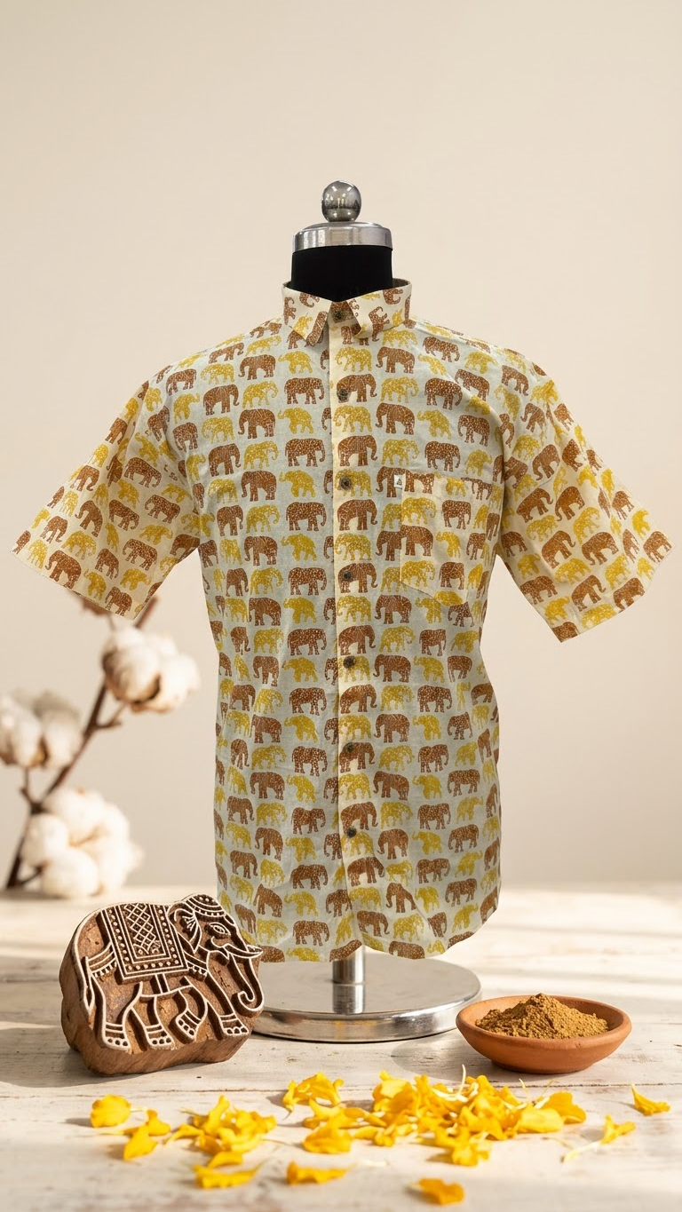 Plus Size Light Dark Yellow Elephant Printed Mens Half Sleeves Shirt
