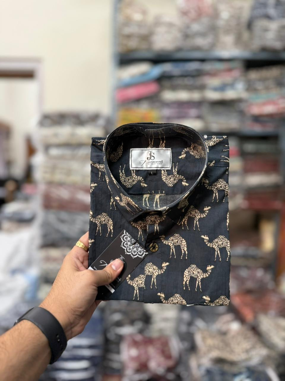Grey And Beige Camel Printed Mens Half Sleeves Cotton Shirt
