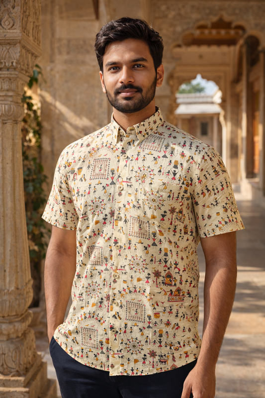 Beige Tribal Folk Art Printed Plus Size Men’s Half Sleeves Cotton Shirt