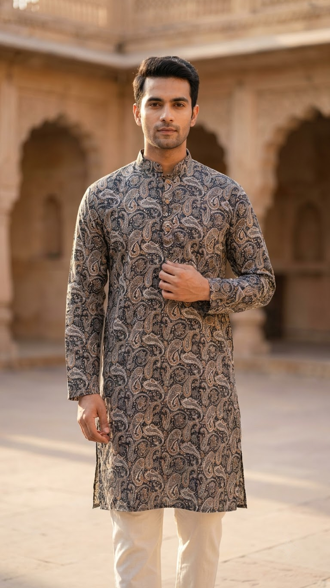 Charcoal Paisley Printed Full Sleeves Long Kurta for Men