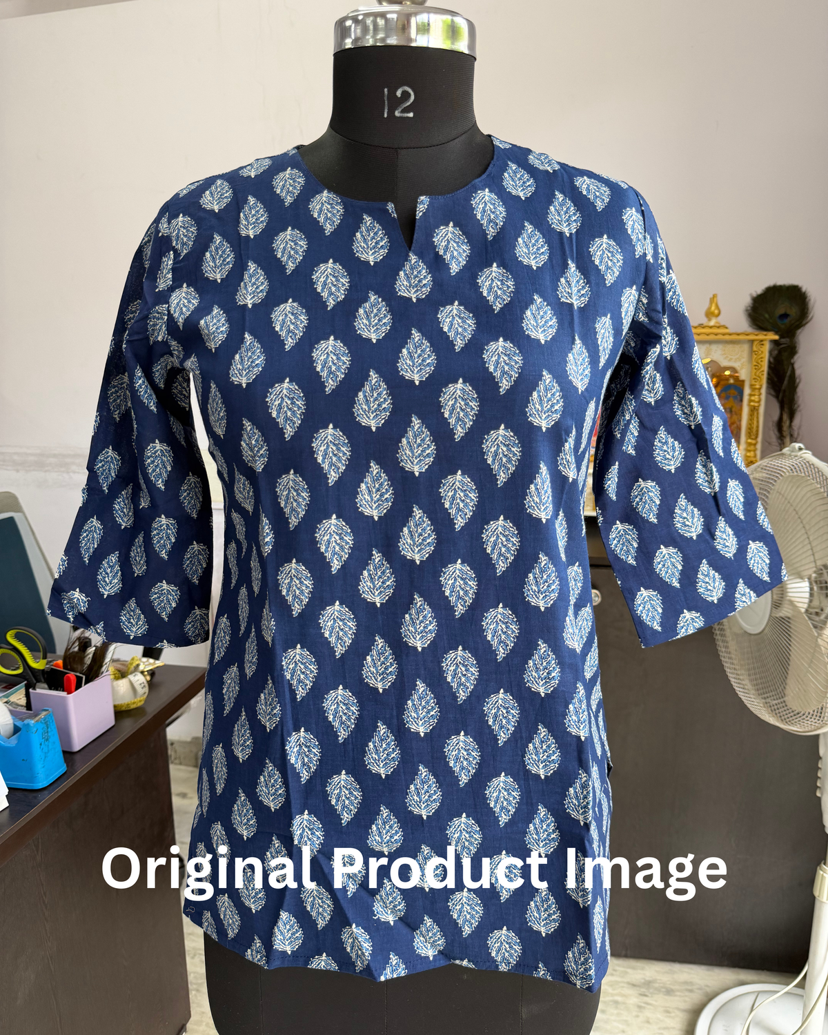 Indigo Blue Leaf Booti Hand Block Print 3/4 Sleeves Cotton Short Kurti Top for Women