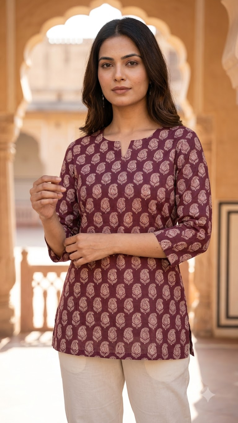 Purple Wine Boota Print 3/4 Sleeves Cotton Short Kurti Top for Women