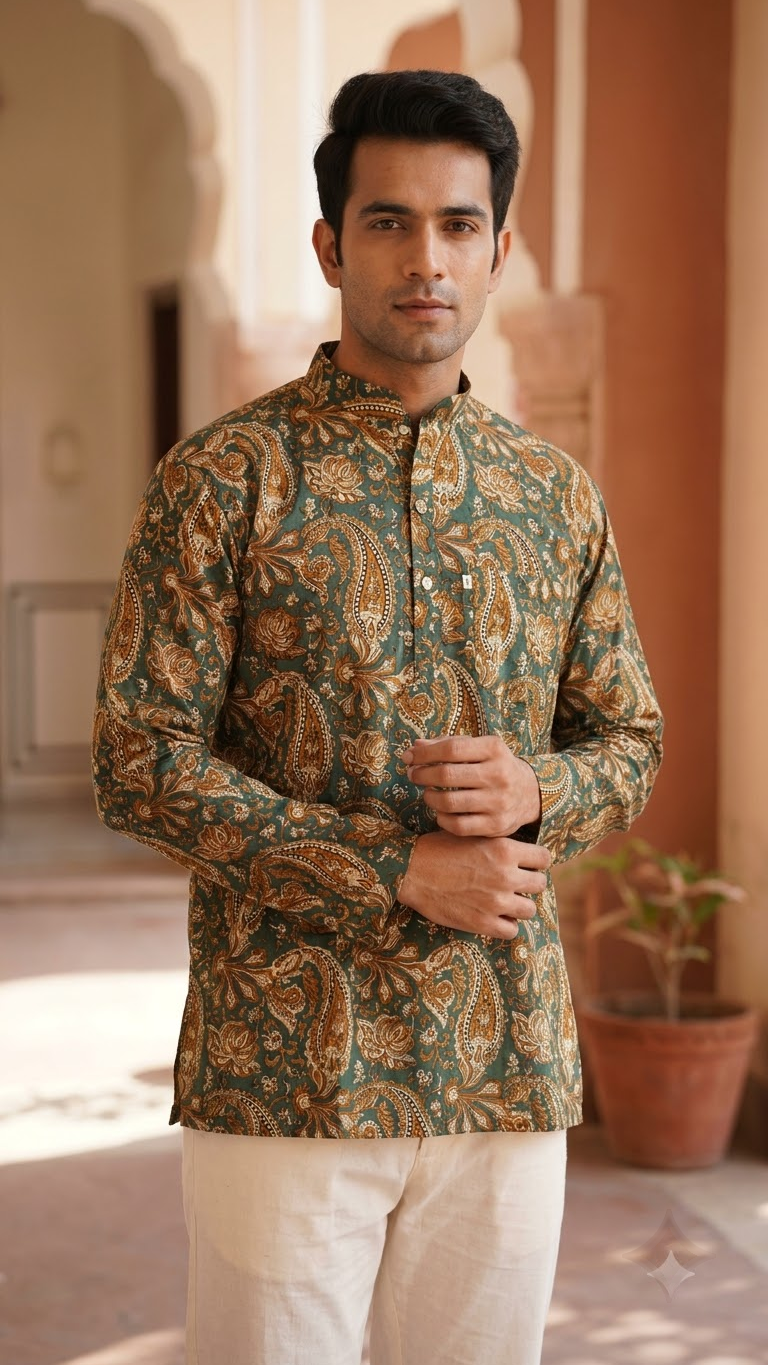 New Green Paisley Printed Full Sleeves Short Kurta for Men