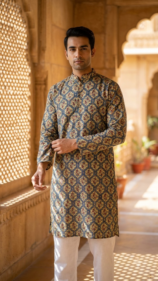 Blue Beige Mughal Jaal Printed Full Sleeves Long Kurta for Men