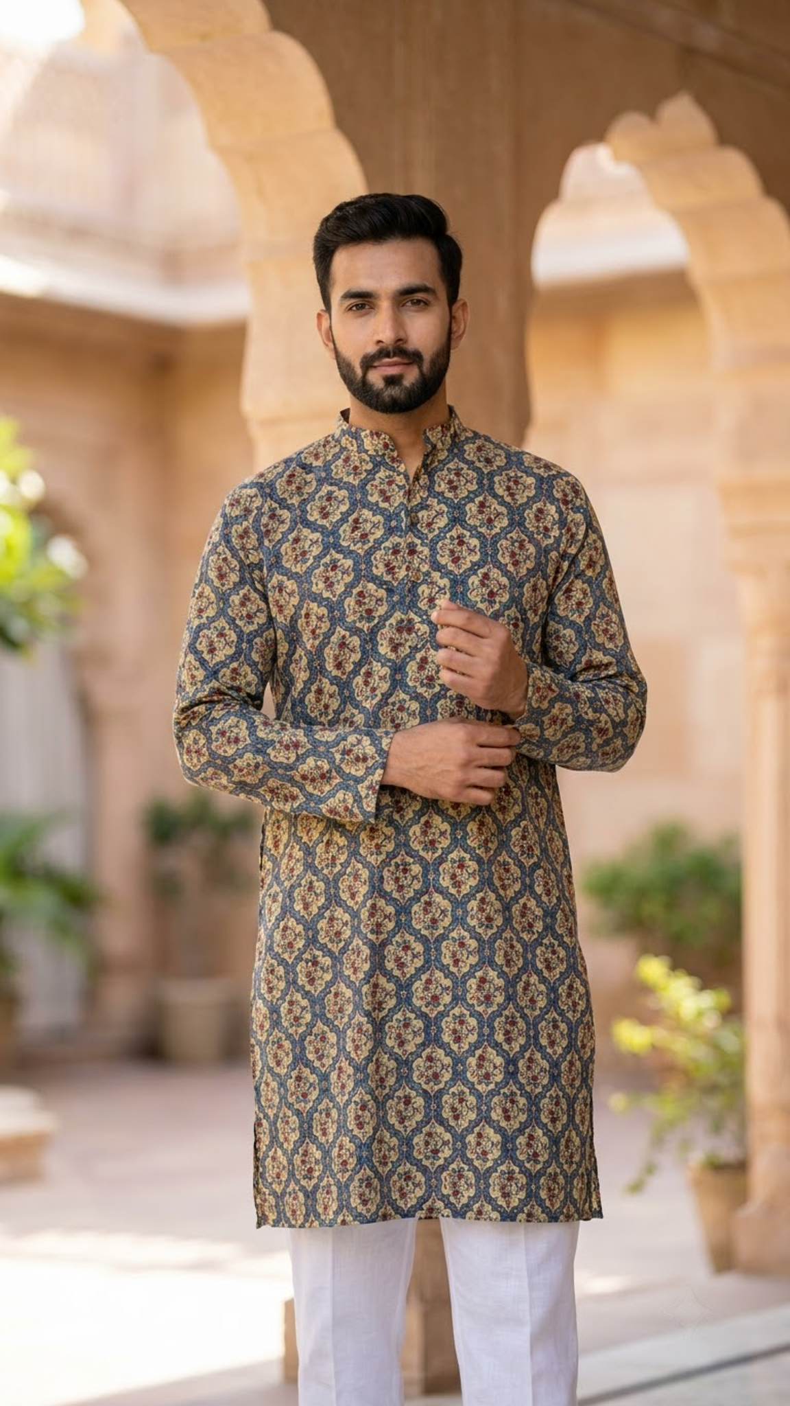 Blue Beige Mughal Jaal Printed Full Sleeves Long Kurta for Men