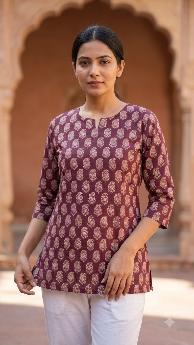 Purple Wine Boota Print 3/4 Sleeves Cotton Short Kurti Top for Women