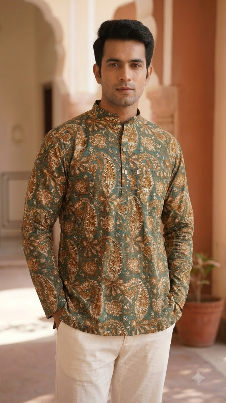 New Green Paisley Printed Full Sleeves Short Kurta for Men