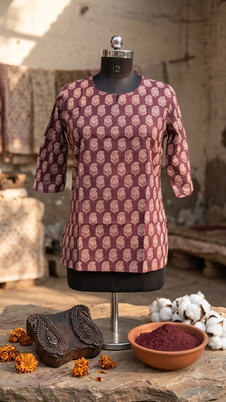 Purple Wine Boota Print 3/4 Sleeves Cotton Short Kurti Top for Women