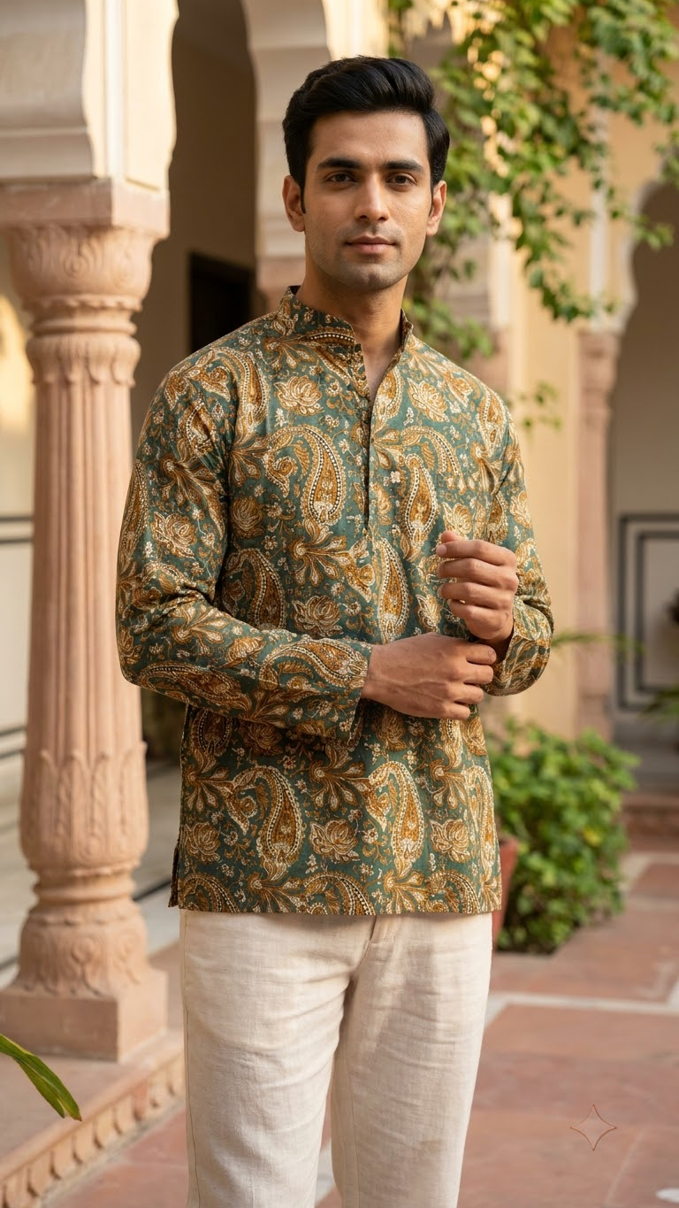 New Green Paisley Printed Full Sleeves Short Kurta for Men