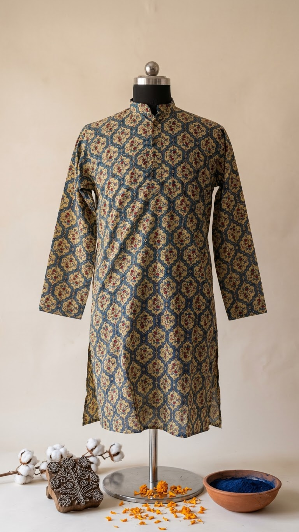 Blue Beige Mughal Jaal Printed Full Sleeves Long Kurta for Men