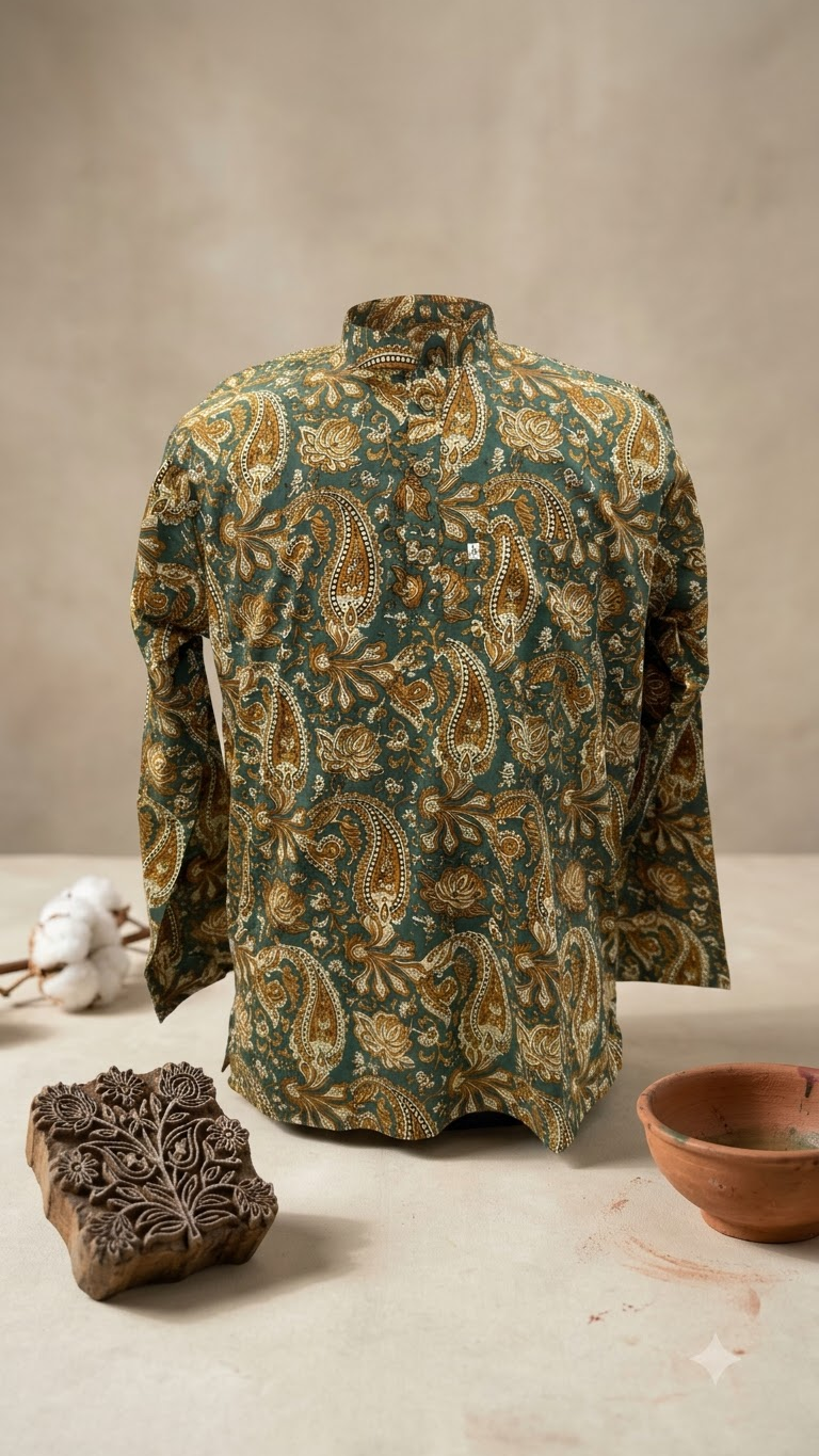 New Green Paisley Printed Full Sleeves Short Kurta for Men