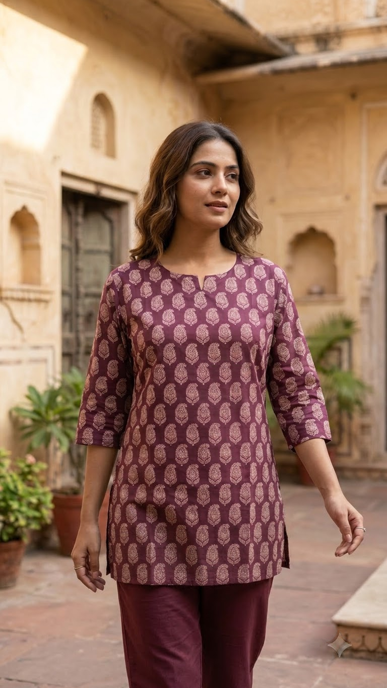 Purple Wine Boota Print 3/4 Sleeves Cotton Short Kurti Top for Women