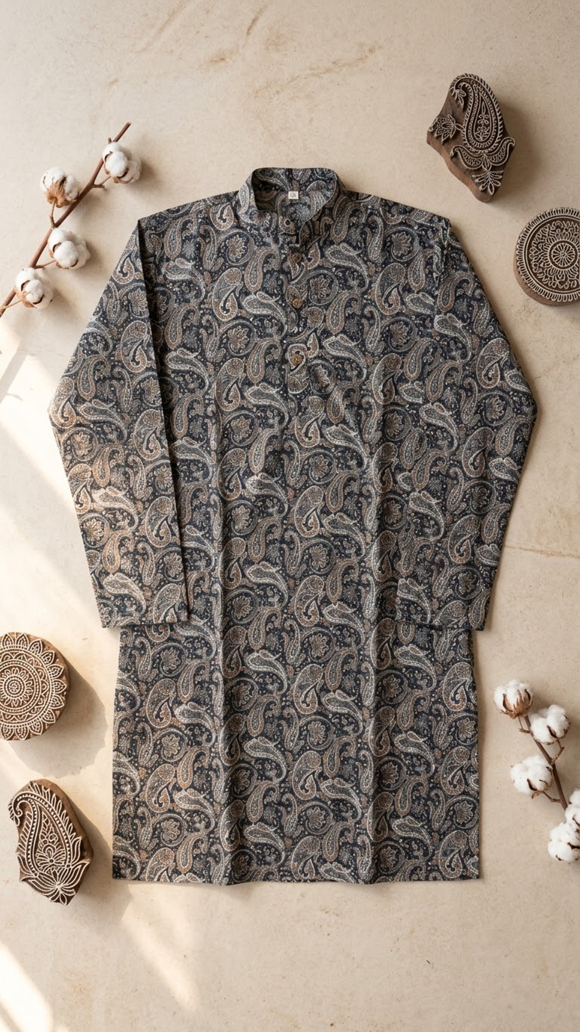 Charcoal Paisley Printed Full Sleeves Long Kurta for Men