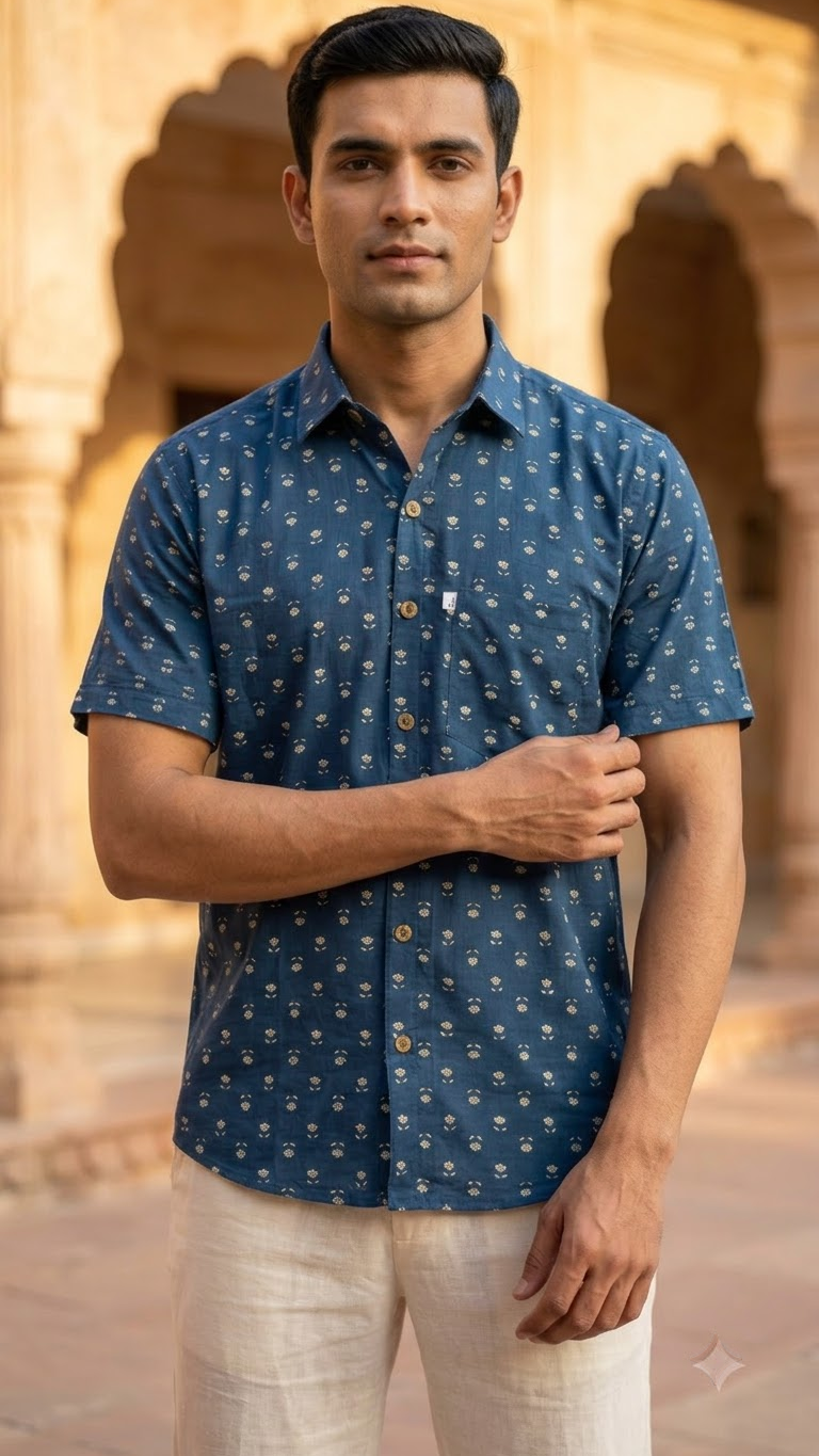 Plus Size Dark Blue Booti Printed Mens Half Sleeves Shirt