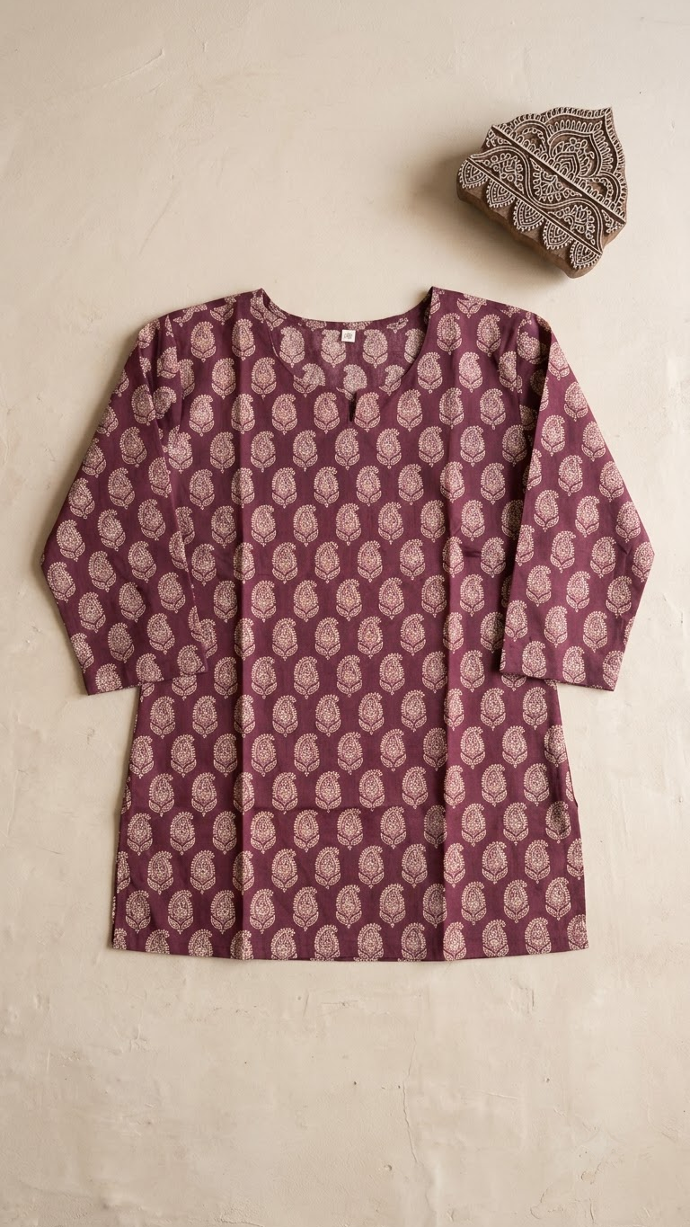 Purple Wine Boota Print 3/4 Sleeves Cotton Short Kurti Top for Women