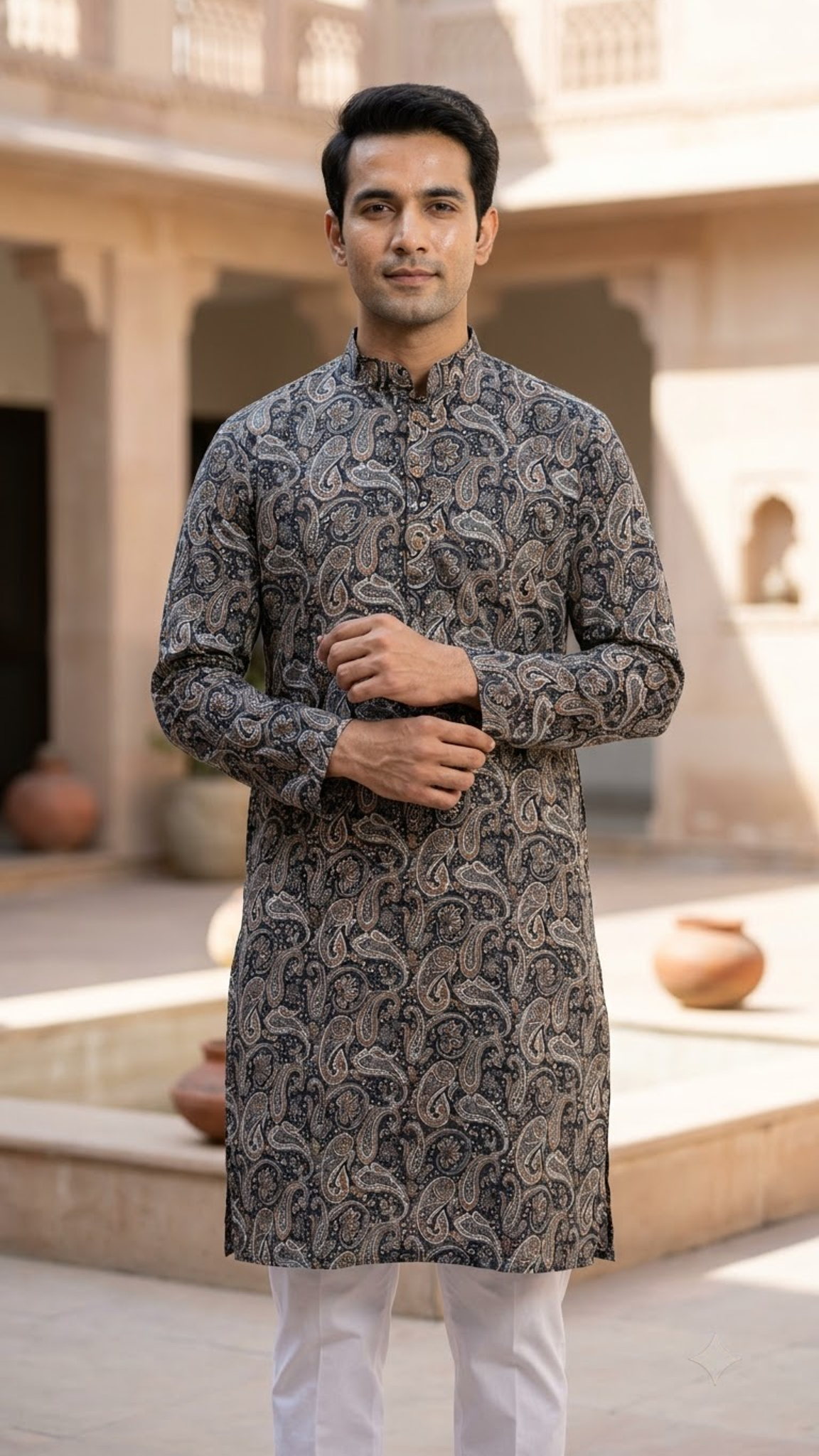 Charcoal Paisley Printed Full Sleeves Long Kurta for Men