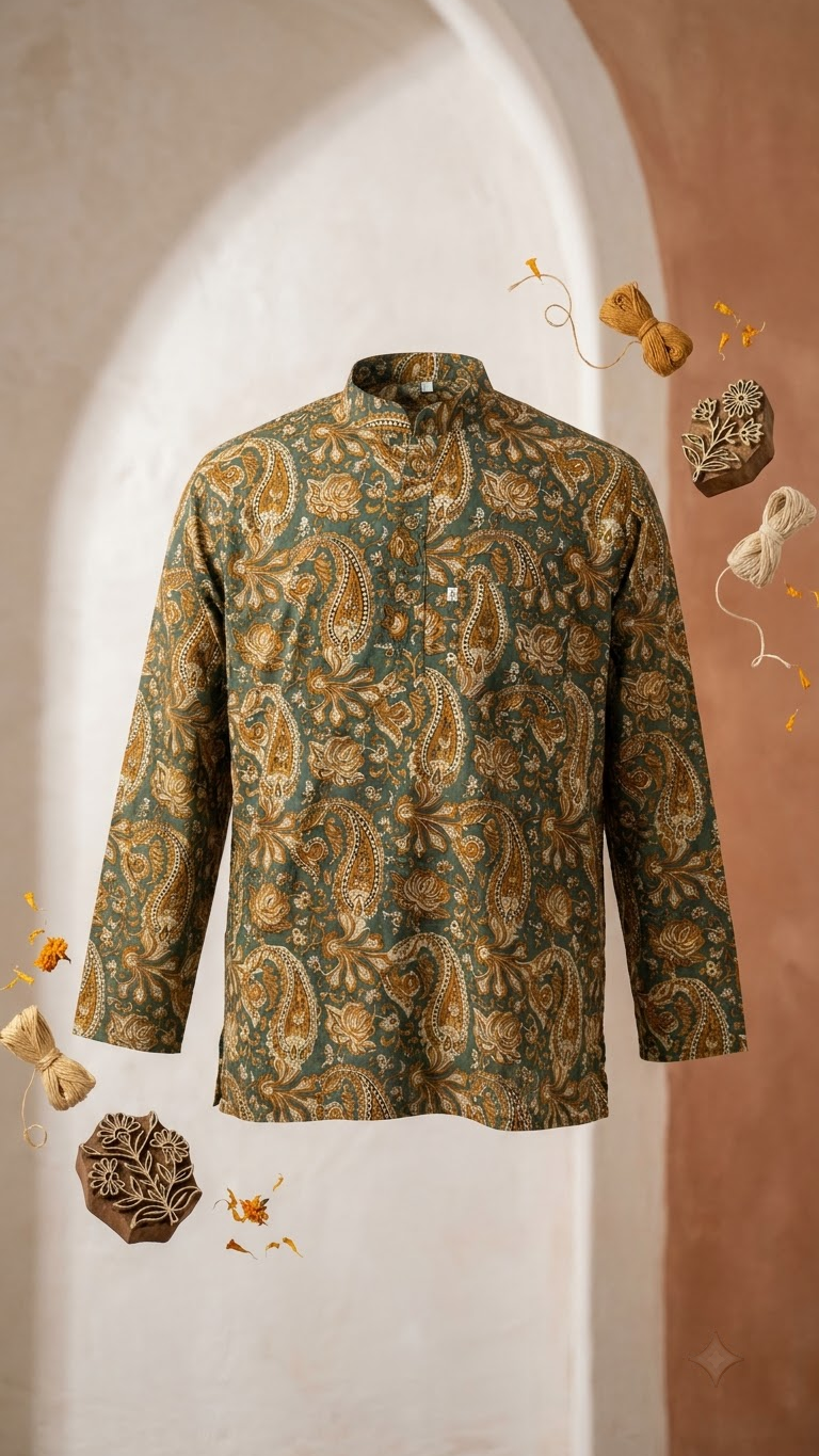 New Green Paisley Printed Full Sleeves Short Kurta for Men