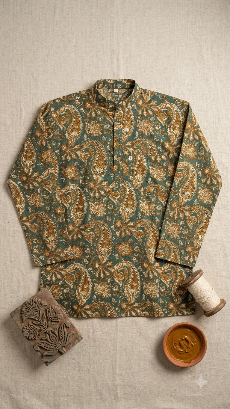 New Green Paisley Printed Full Sleeves Short Kurta for Men