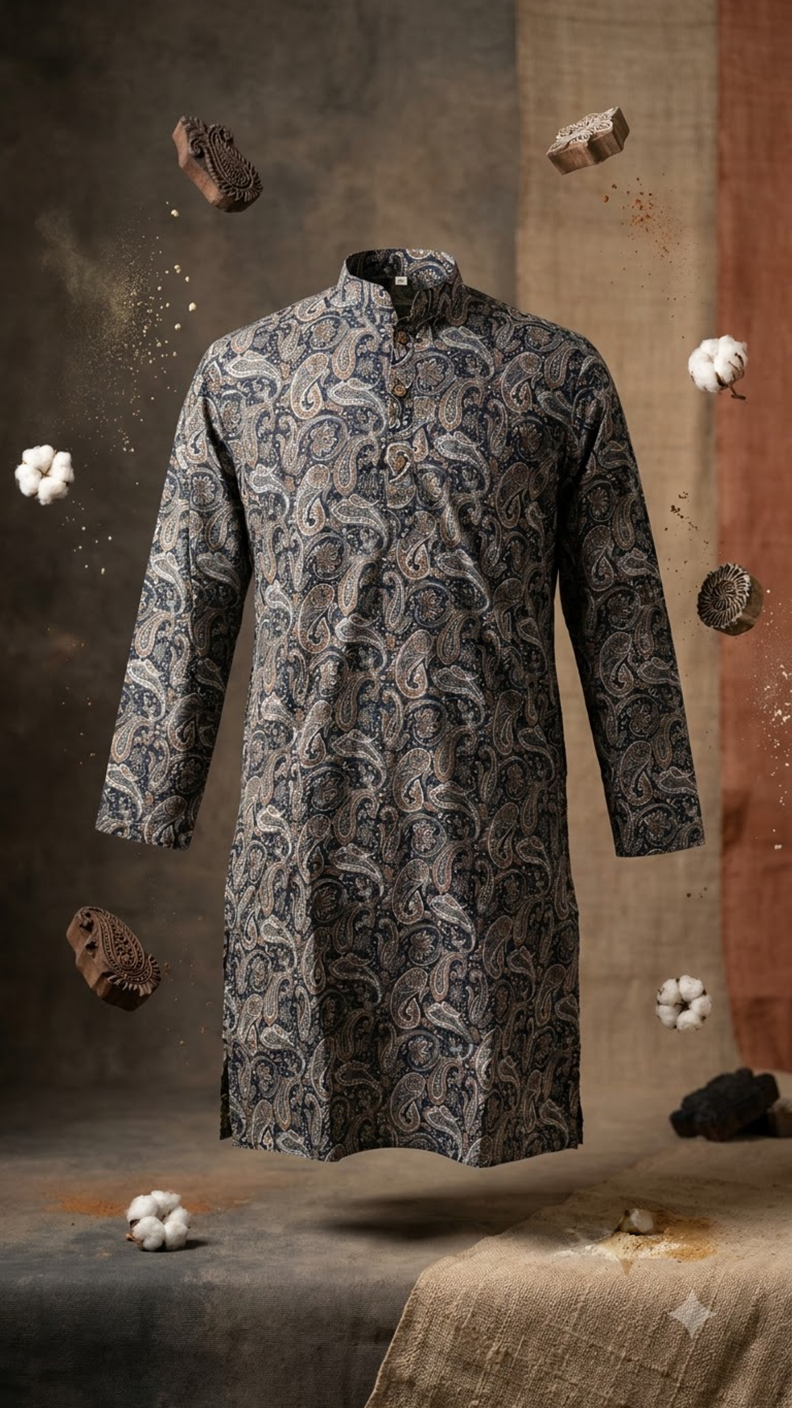 Charcoal Paisley Printed Full Sleeves Long Kurta for Men