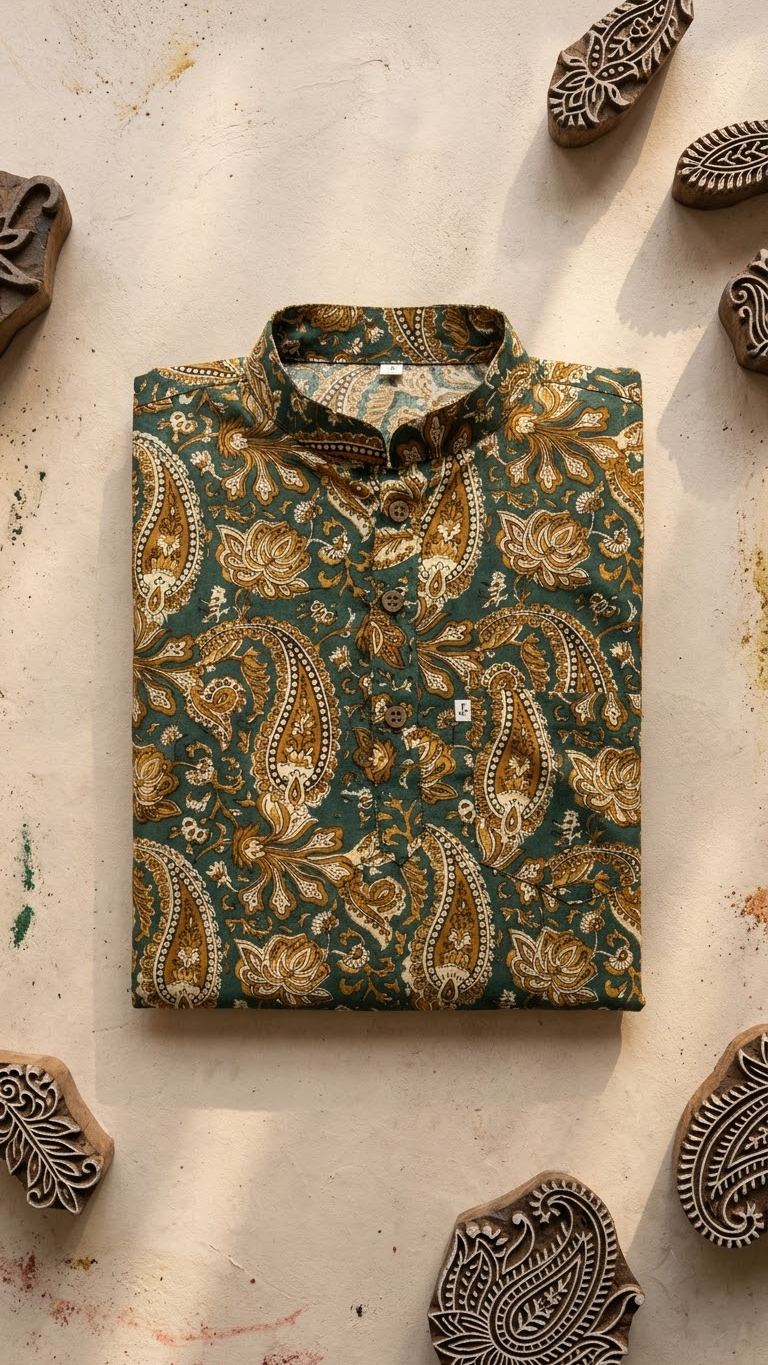 New Green Paisley Printed Full Sleeves Short Kurta for Men