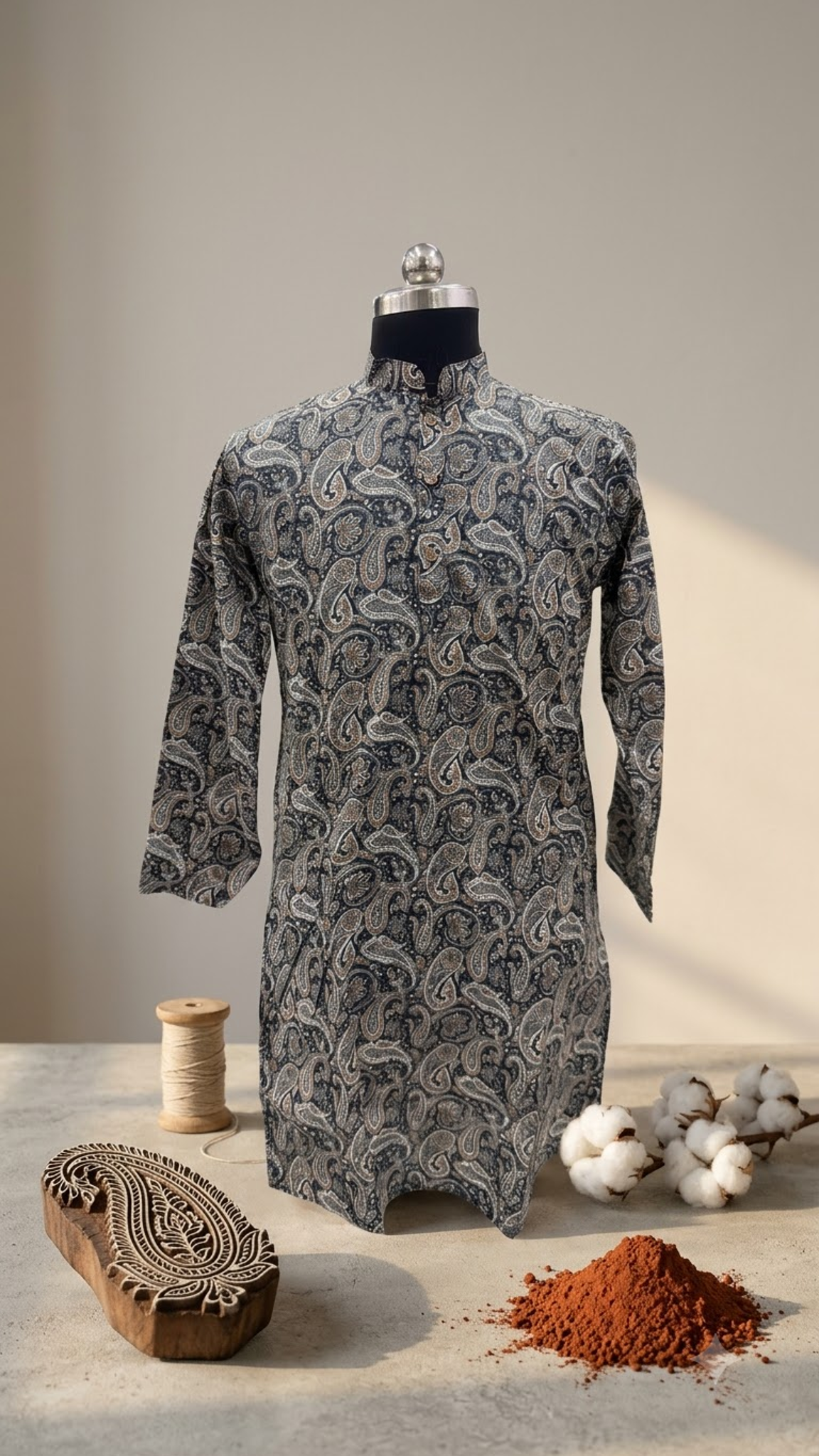 Charcoal Paisley Printed Full Sleeves Long Kurta for Men