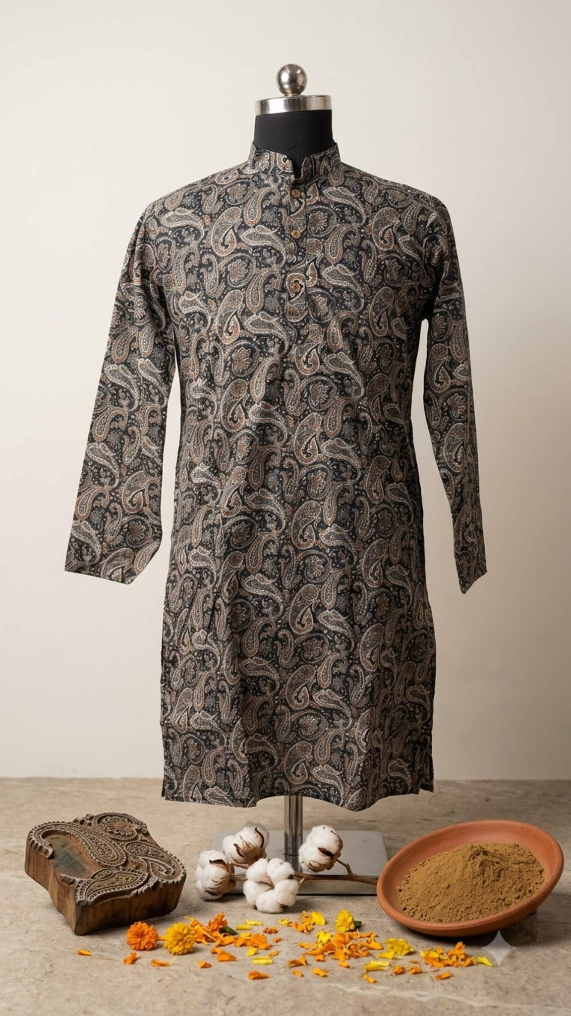 Charcoal Paisley Printed Full Sleeves Long Kurta for Men