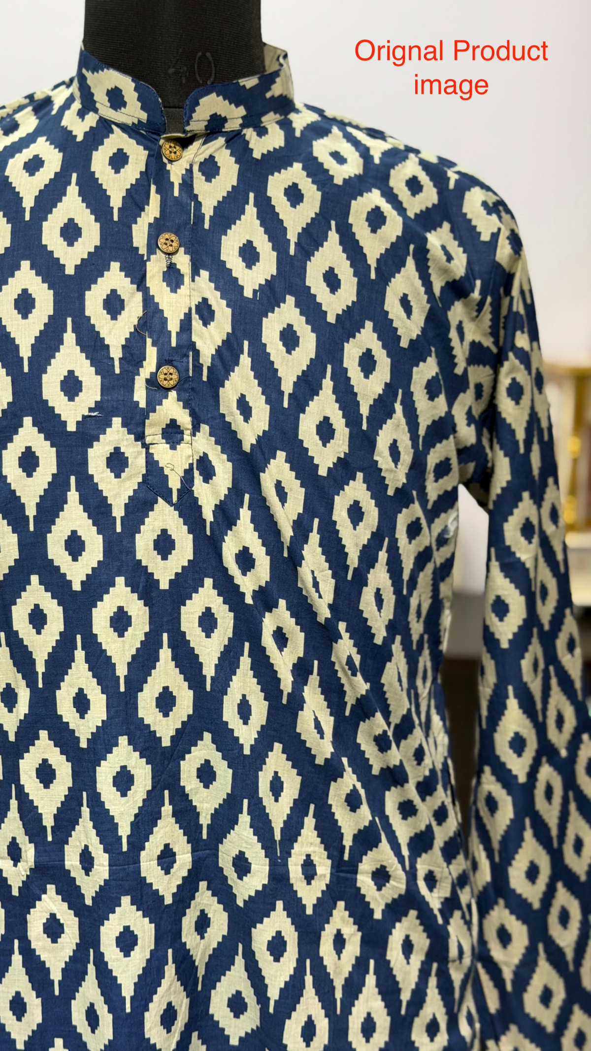 Indigo Blue Ikat Printed Full Sleeves Long Kurta for Men