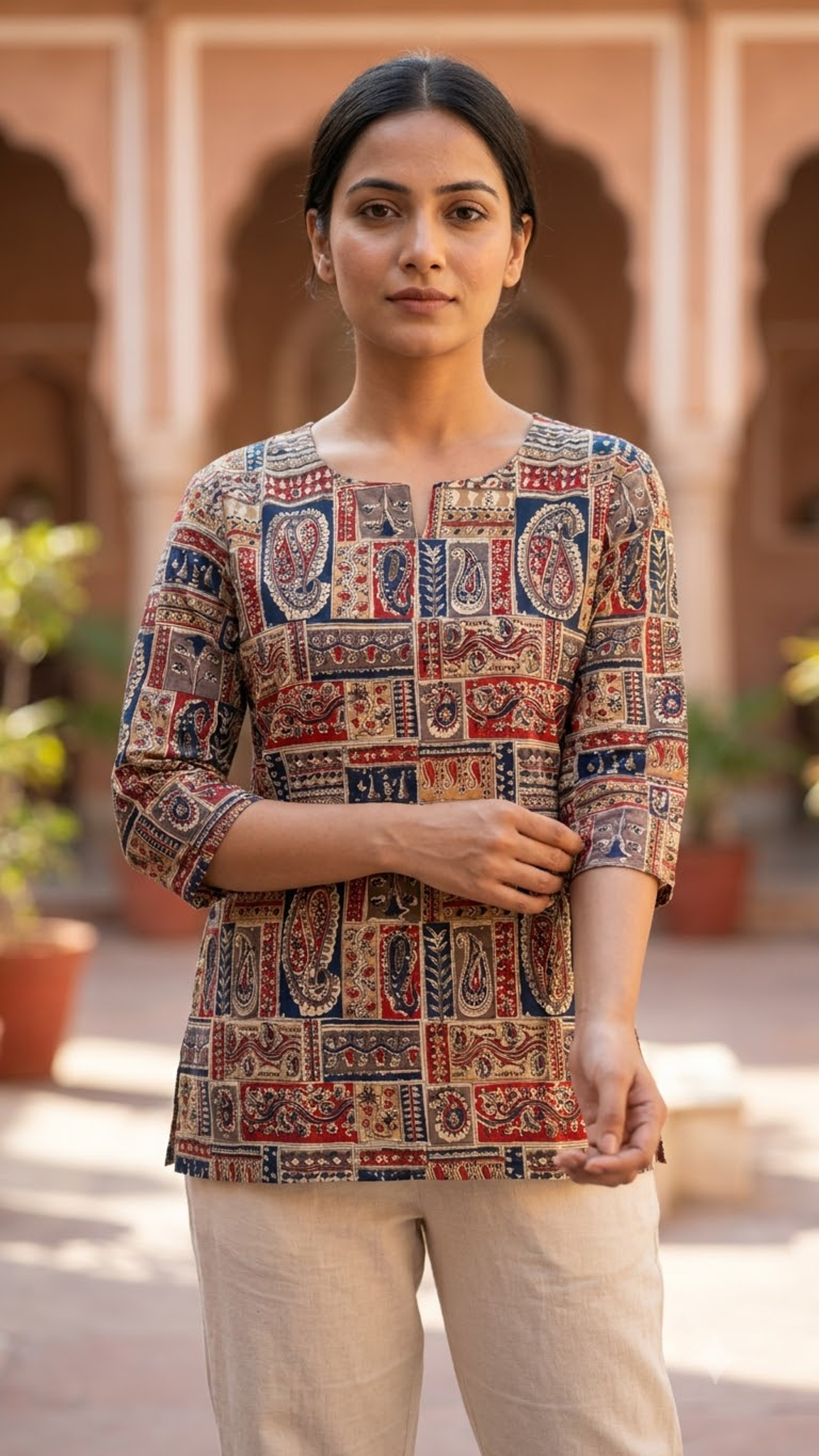 Patch Work Motif Print 3/4 Sleeves Cotton Short Kurti Top for Women